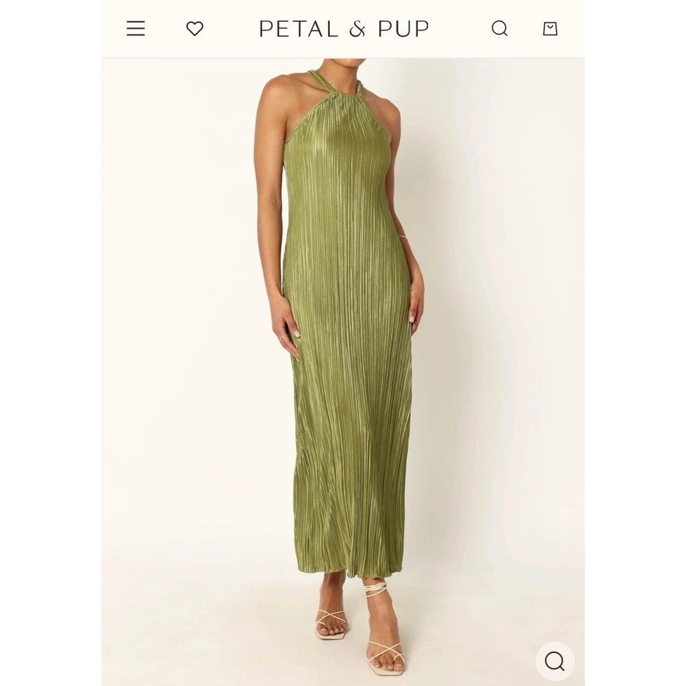 Petal & Pup Melody Plisse Halter Maxi Dress Pleated Silky Olive Green Size
